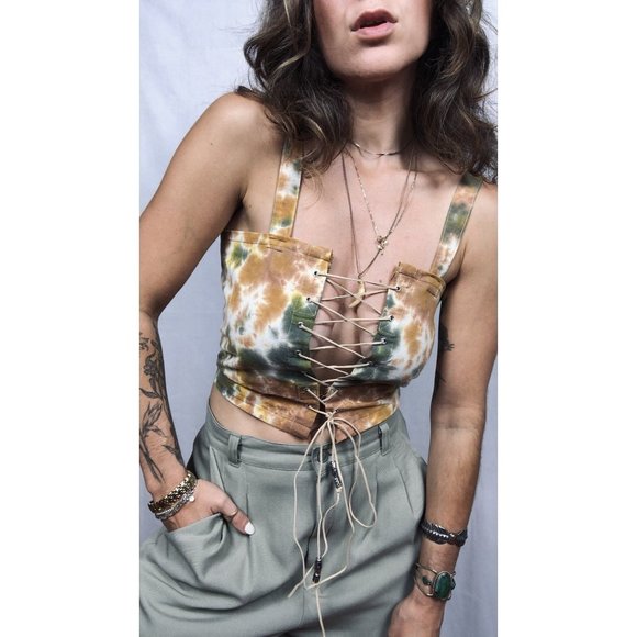 Handmade Reversible Earth Tone Tie Dye Lace Up Suede  Corset Crop Top - Picture 5 of 10